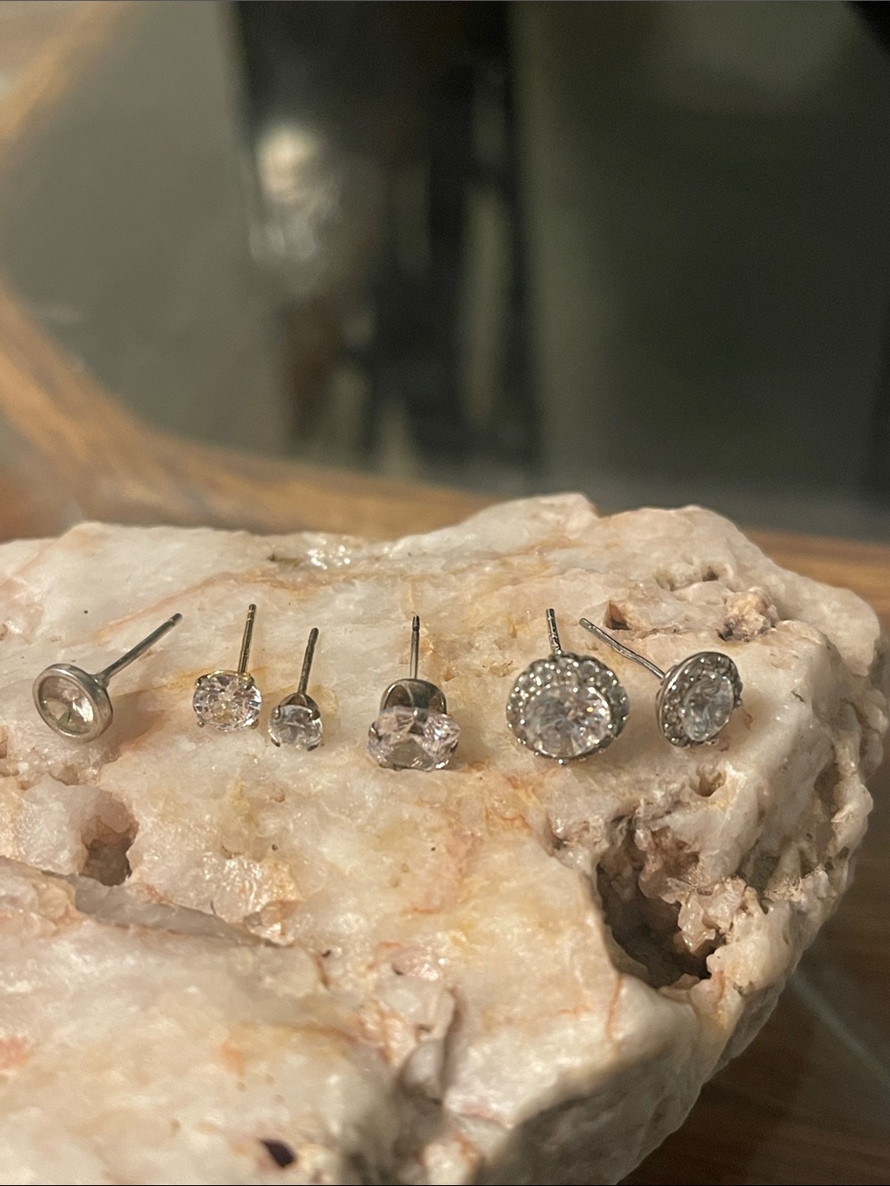6 Single Sterling Silver Stud Clear Cubic Zirconia Stud Earrings Set - White